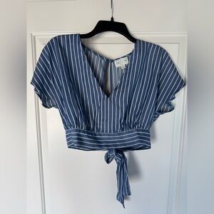 Stylish Blue Striped Tie-Front Crop Top